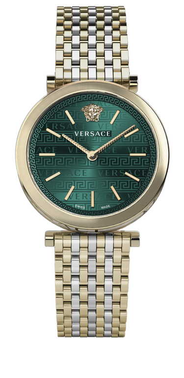 Versace V-Twist Damenuhr Gold Silber Stahl Grün Zifferblatt 36mm VELS01219